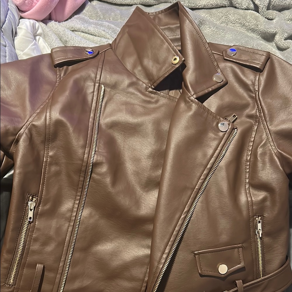 Fashion Nova Brown Leather Jacket Asymmetrical Zipper